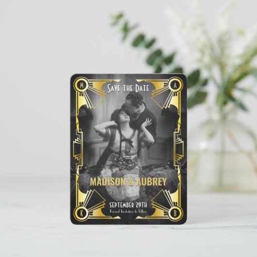 Grote Gatsby Art Deco Trouwfoto Goud & Zwart Save The Date (Staand voorkant)