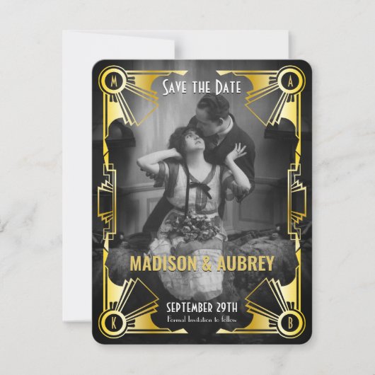 Grote Gatsby Art Deco Trouwfoto Goud & Zwart Save The Date (Voorkant)