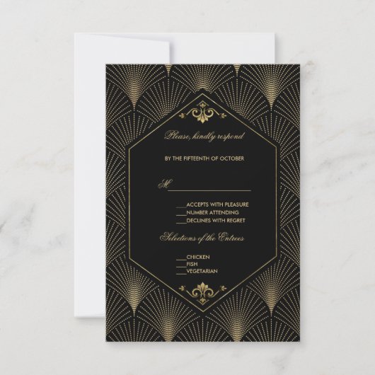 Grote Gatsby Art Deco Wedding RSVP Kaartje (Voorkant)