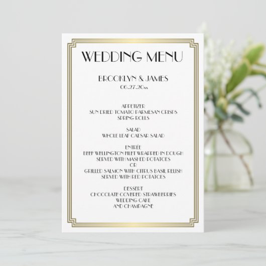 Grote Gatsby Art Deco Wit Gouden Trouwmenu Menu (Staand voorkant)