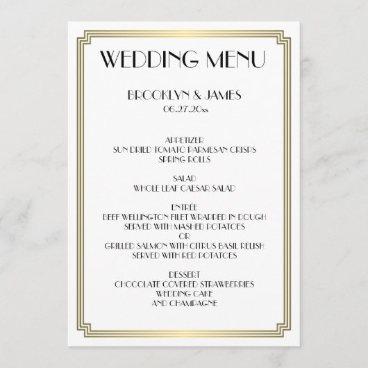 Grote Gatsby Art Deco Wit Gouden Trouwmenu Menu (Voorkant)