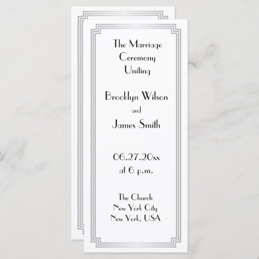 Grote Gatsby Art Deco Zilveren Huwelijksprogramma' Programmakaart (Voorkant / Achterkant)