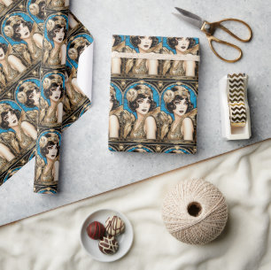 Grote gatsby Flapper blauw goud zwart jaren 1920 Cadeaupapier