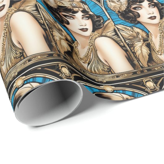 Grote Gatsby Flapper blauw goud zwart jaren 20 Cadeaupapier (Rol Hoek)