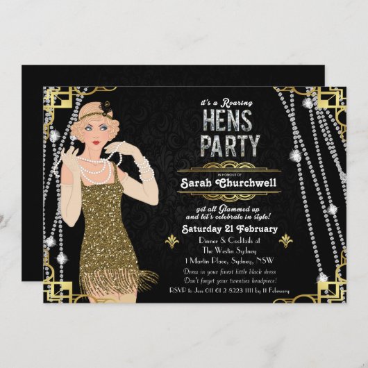 Grote Gatsby Flapper Girl Hens Party - Uitnodiging (Voorkant / Achterkant)