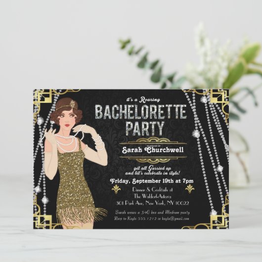 Grote Gatsby Flapper Meisje Bachelorette Uitnodigi Kaart (Staand voorkant)