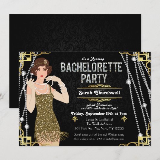 Grote Gatsby Flapper Meisje Bachelorette Uitnodigi Kaart (Voorkant / Achterkant)