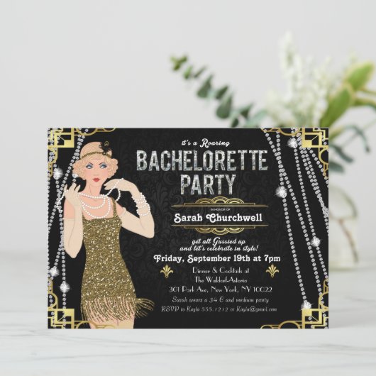 Grote Gatsby Flapper Meisje Bachelorette Uitnodigi Kaart (Staand voorkant)