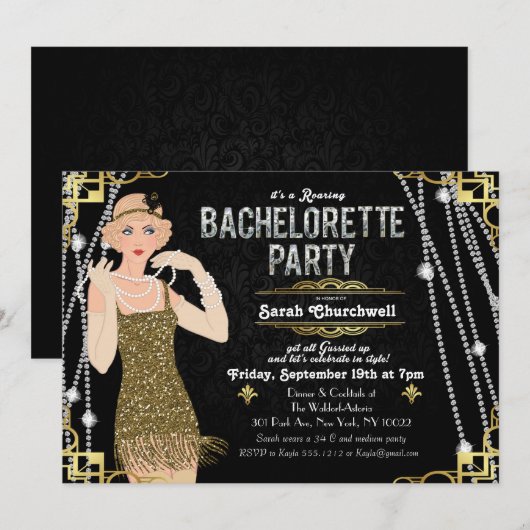 Grote Gatsby Flapper Meisje Bachelorette Uitnodigi Kaart (Voorkant / Achterkant)