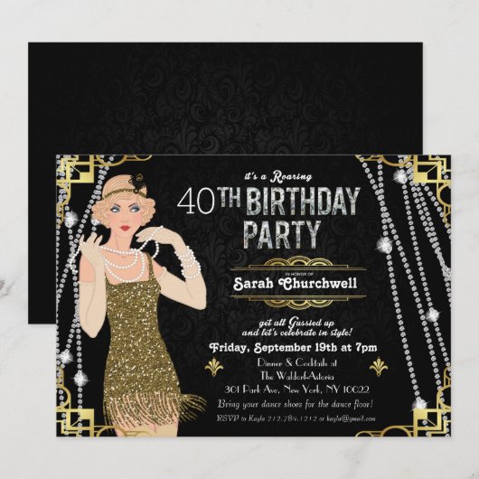 Grote Gatsby Flapper Meisje Verjaardagsuitnodiging Kaart (Voorkant / Achterkant)