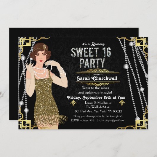 Grote Gatsby Flapper Sweet 16 Verjaardag Uitnodigi Kaart (Voorkant / Achterkant)