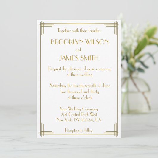 Grote Gatsby Gold Art Deco Wedding Invites Kaart (Staand voorkant)