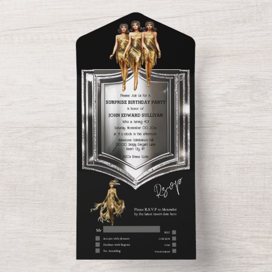 Grote gatsby jaren 1920 Flapper meisjes zilver gou All In One Uitnodiging (Binnen)