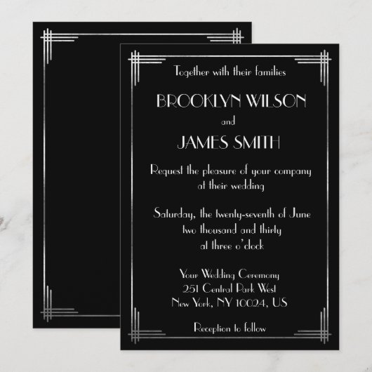 Grote Gatsby Silver Foil Art Deco Wedding Invites Kaart (Voorkant / Achterkant)