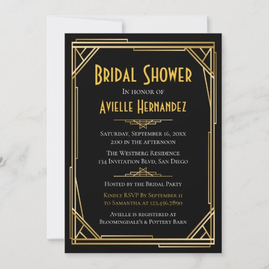 Grote Gatsby Vrijgezellenfeest Goud & Zwart Bruilo Kaart (Voorkant)