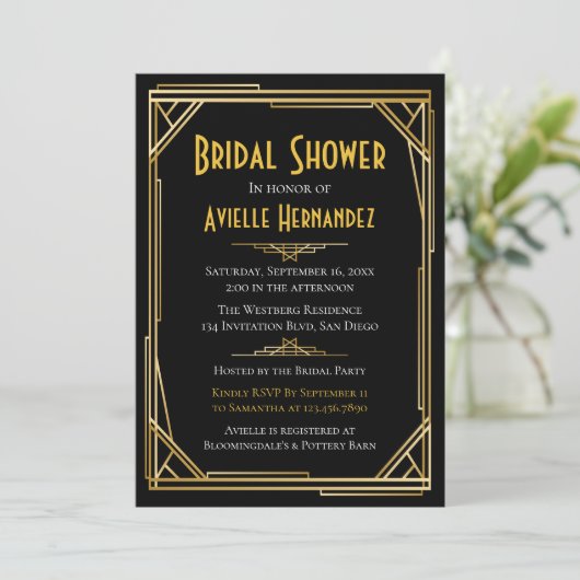 Grote Gatsby Vrijgezellenfeest Goud & Zwart Bruilo Kaart (Staand voorkant)