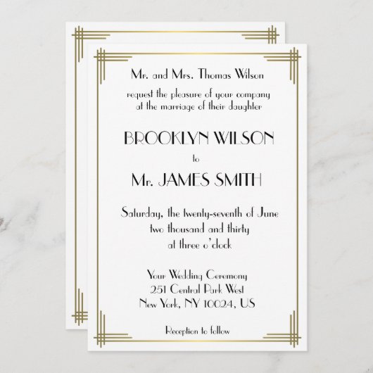 Grote Gatsby White Gold Art Deco Wedding Invites Kaart (Voorkant / Achterkant)