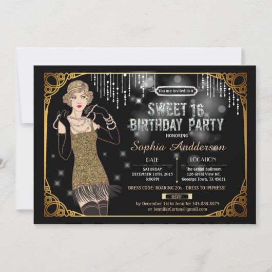 Grote Gatsby zoete 16 verjaardagsfeestje uitnodigi Kaart (Voorkant)