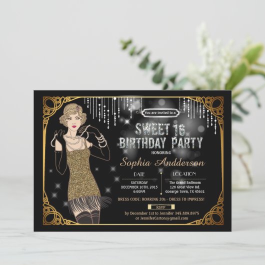 Grote Gatsby zoete 16 verjaardagsfeestje uitnodigi Kaart (Staand voorkant)