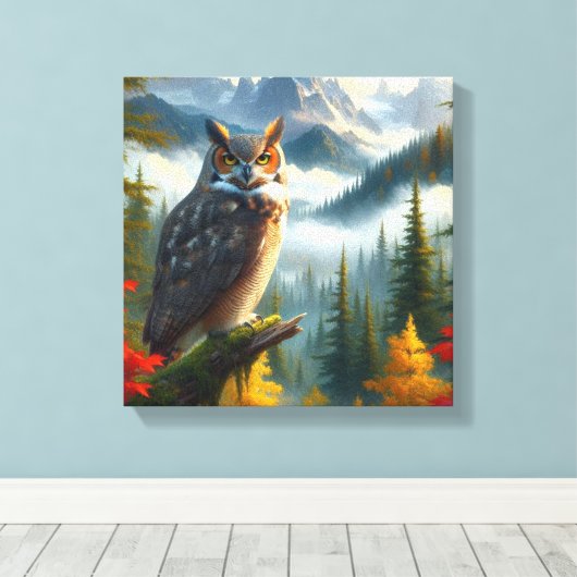Grote Gehoornde Uil in de Herfst Seizoen Waterverf Canvas Afdruk (Insitu (Houten vloer))