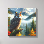 Grote Gehoornde Uil in de Herfst Seizoen Waterverf Canvas Afdruk (Voorkant)
