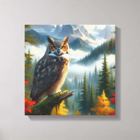 Grote Gehoornde Uil in de Herfst Seizoen Waterverf Canvas Afdruk (Voorkant)