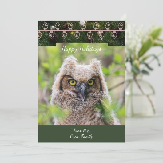 Grote Gehoornde Uil Kerst Kaart (Staand voorkant)