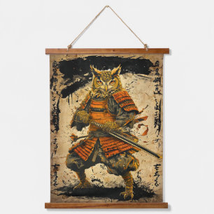 Grote Gehoornde Uil Samurai Warrior - Japanse inkt Hangend Wandkleed