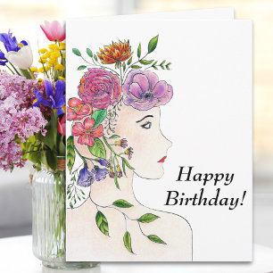Grote Gelukkige Verjaardag Vrouw Met Bloemen Illus Kaart