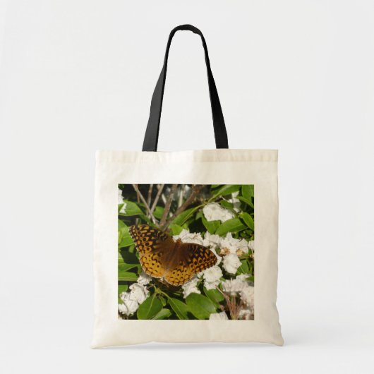 Grote gespikkelde parelmoervlinder op berglaurier tote bag (Voorkant)