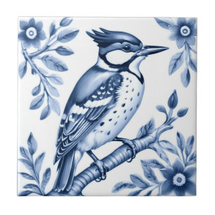 Grote Gevlekte Specht Vogel Delfts Blauw en Wit Tegeltje