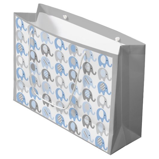 Grote Gift Bag - Blauwe en grijze Olifanten Groot Cadeauzakje (Voorkant Gekanteld)