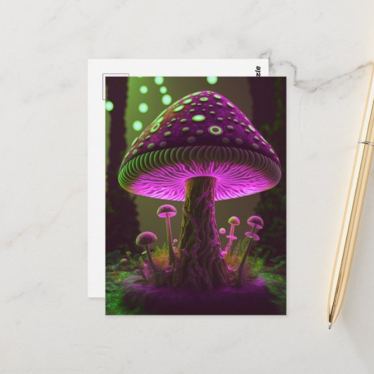 Grote Glowy Mushroom - Groen & Fuchsia Briefkaart (Voorkant / Achterkant in situ)
