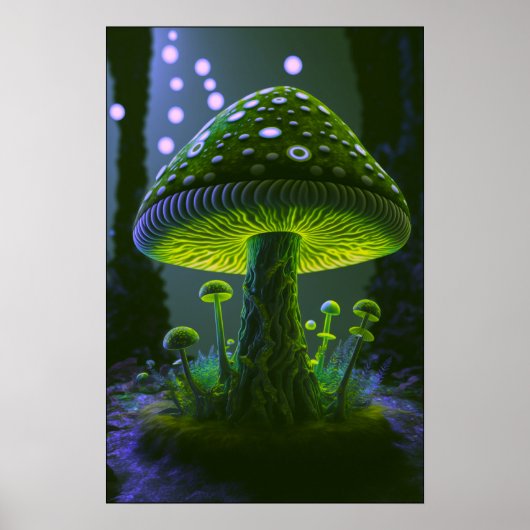 Grote Glowy Mushroom - Groen & Indigo Poster (Voorkant)