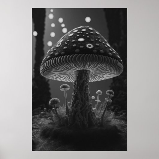 Grote Glowy Mushroom - Zwart & Wit Poster (Voorkant)