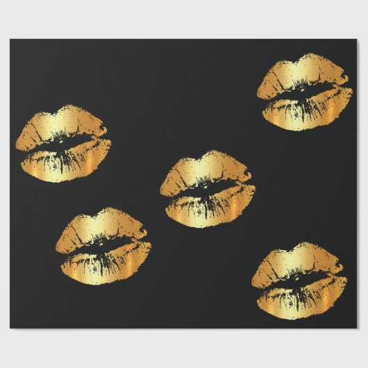 Grote gouden lippen kussen op zwart verpakkingspap cadeaupapier (Vlak)