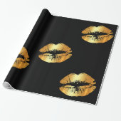 Grote gouden lippen kussen op zwart verpakkingspap cadeaupapier (Uitgerold)