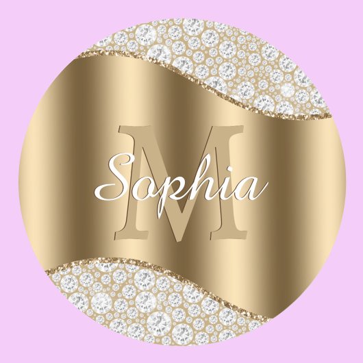 Grote gouden monogram, witte naam in script, diama ronde sticker