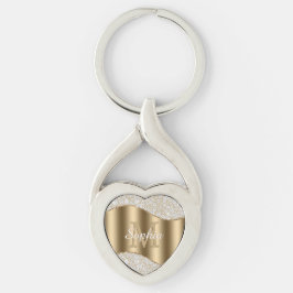 Grote gouden monogram, witte naam in script, diama sleutelhanger