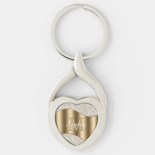 Grote gouden monogram, witte naam in script, diama sleutelhanger (Voorkant)