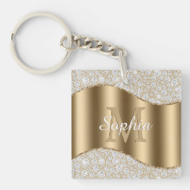 Grote gouden monogram, witte naam in script, diama sleutelhanger