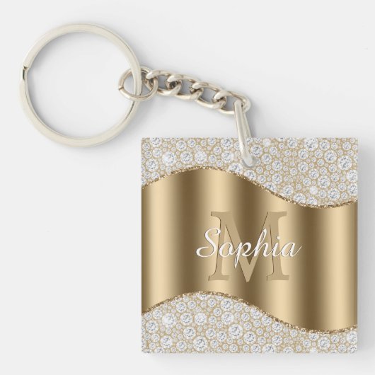 Grote gouden monogram, witte naam in script, diama sleutelhanger (voorkant)