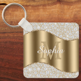 Grote gouden monogram, witte naam in script, diama sleutelhanger
