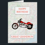 Grote Grandson Map en Motorbike Birthday<br><div class="desc">Gefeliciteerd met de verjaardag van een motorfiets enthousiast. Een rode fiets met een kaart op de achtergrond. Een geweldige kaart voor een grote kleinzoon die van fietsen houdt en rijdt. - Basiskaart en gegevens van OpenStreetMap en OpenStreetMap Foundation © OpenStreetMap</div>