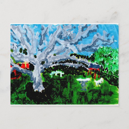 Grote grijze boom met briefkaart op banken (Voorkant)