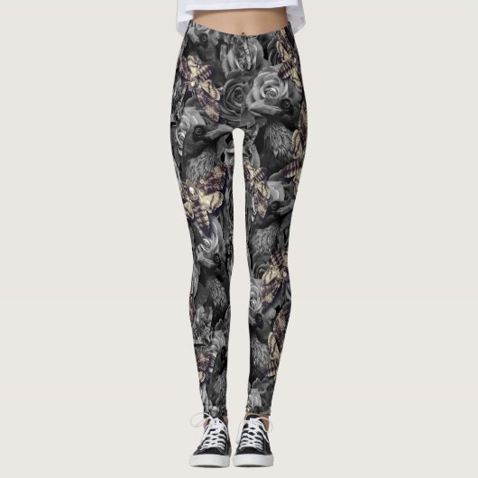 Grote Grijze Dood Hoofd Hawk Moten Gotische Raven Leggings (Voorkant)