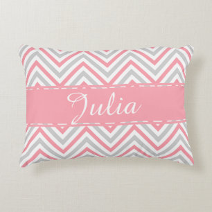 Grote grijze Zig Zag Pattern Ribbon Roos Name Accent Kussen