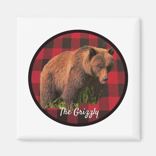 Grote Grizzlybeer Buffalo Plaid Magneet (Voorkant)
