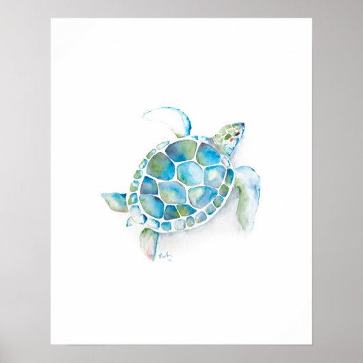 Grote groene en blauwe Waterverf Zee Turtle Art Poster (Voorkant)