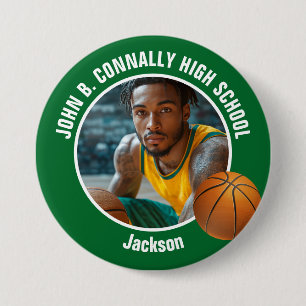 Grote groene foto van basketballer op middelbare s ronde button 7,6 cm